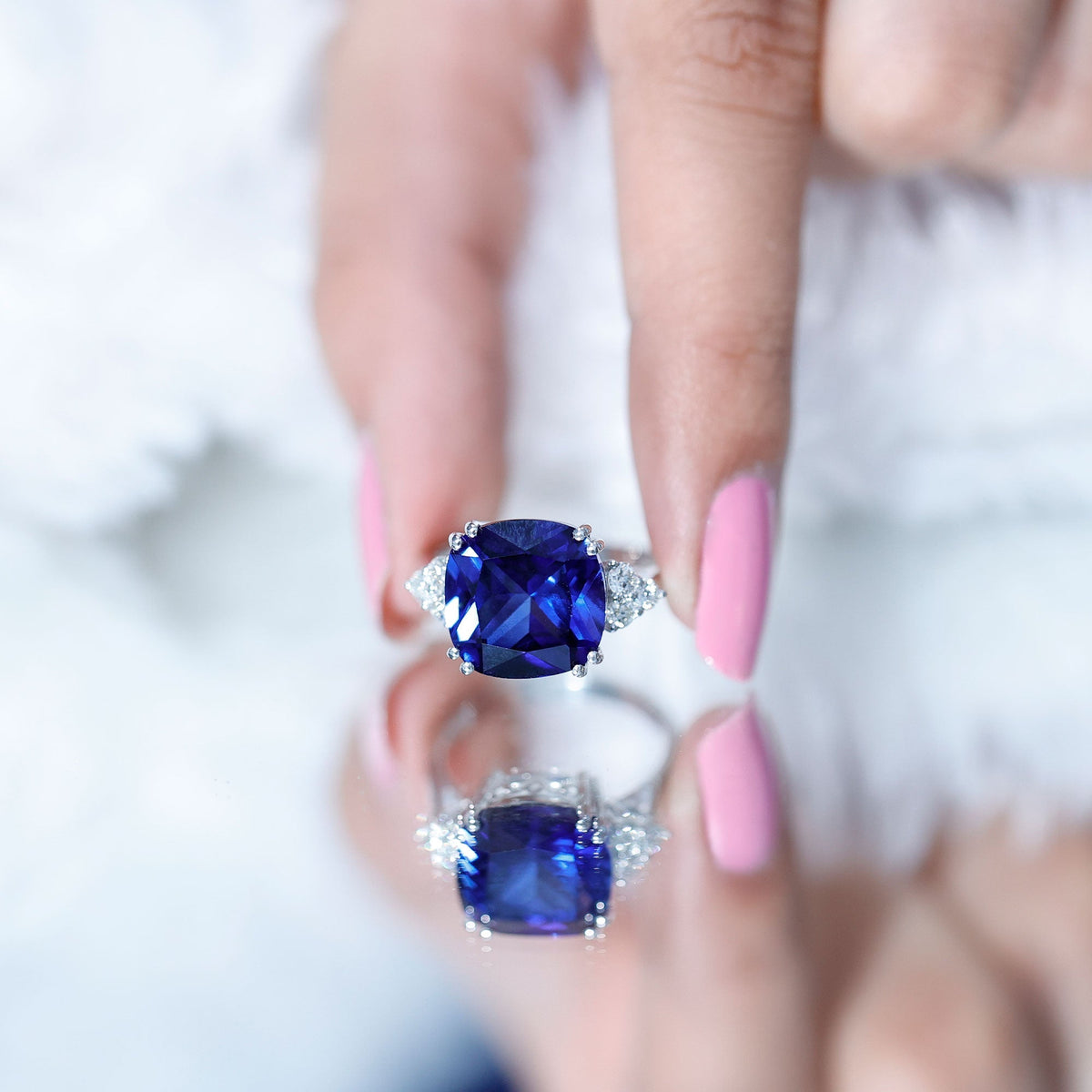 Lab Grown Blue Sapphire Ring, 9 Carat Cushion Cut Diamond Trio