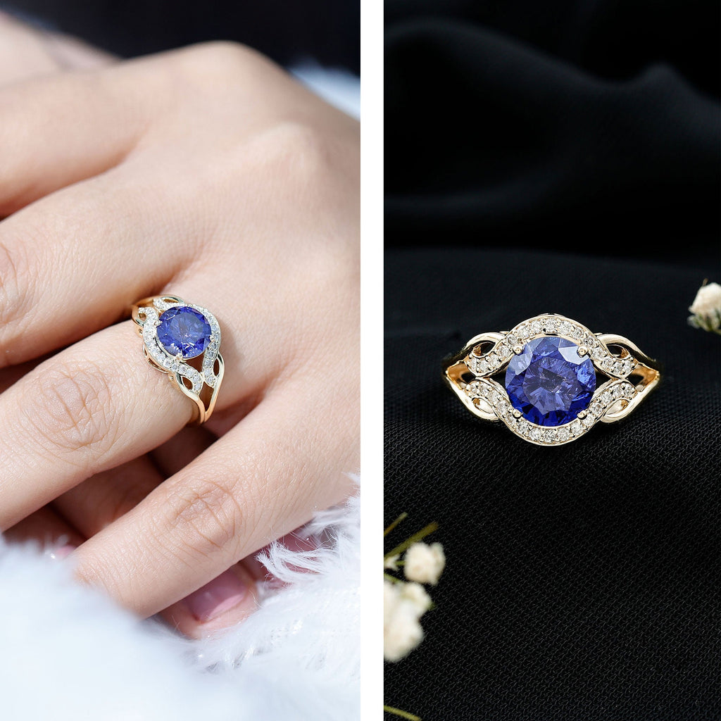 Lab Grown Blue Sapphire Ring, Antique Inspired Diamond Ring