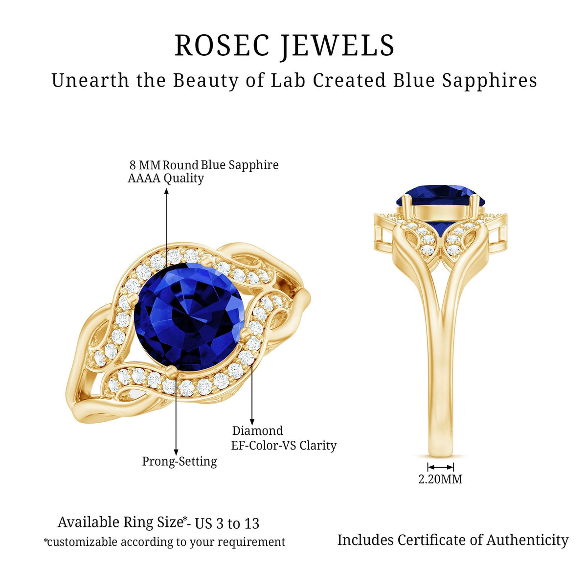 Lab Grown Blue Sapphire Ring, Antique Inspired Diamond Ring