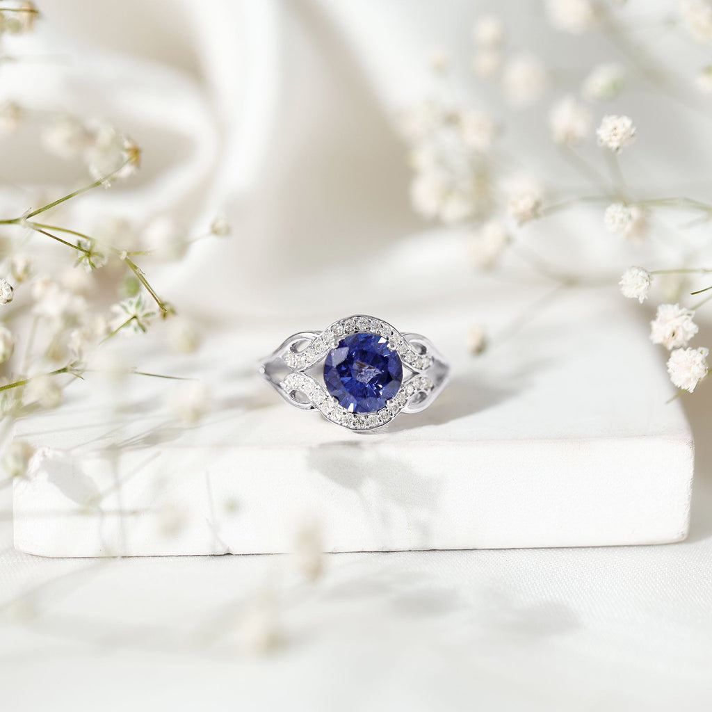 Lab Grown Blue Sapphire Ring, Antique Inspired Diamond Ring