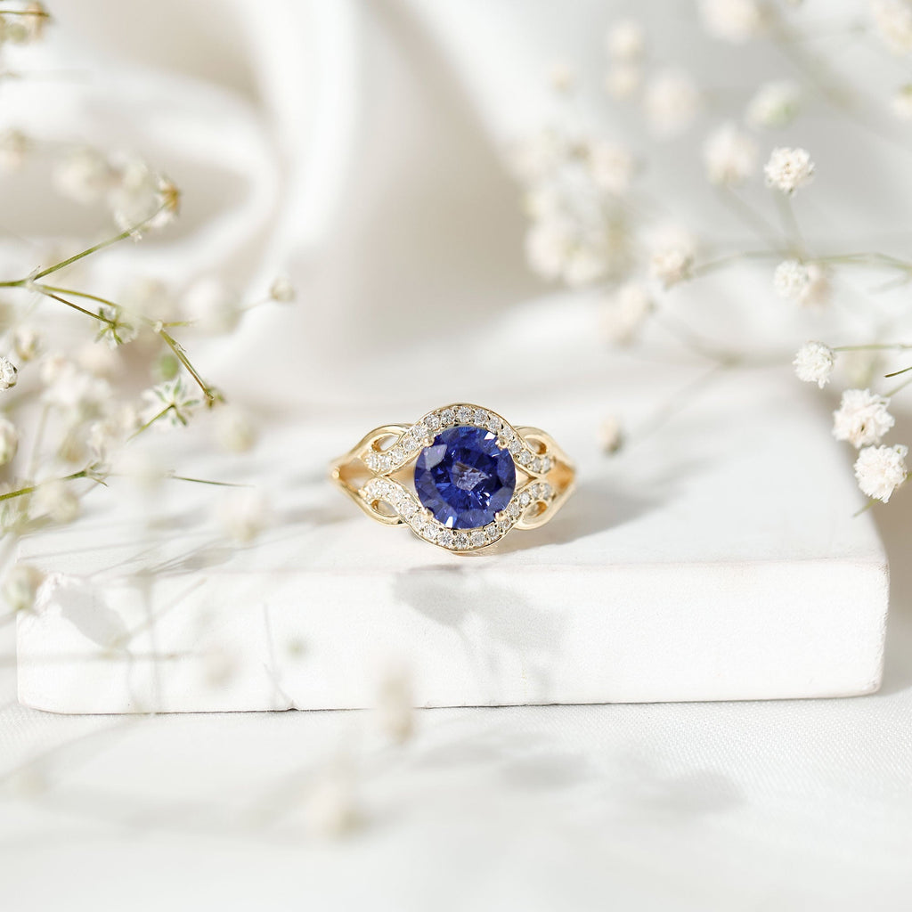 Lab Grown Blue Sapphire Ring, Antique Inspired Diamond Ring