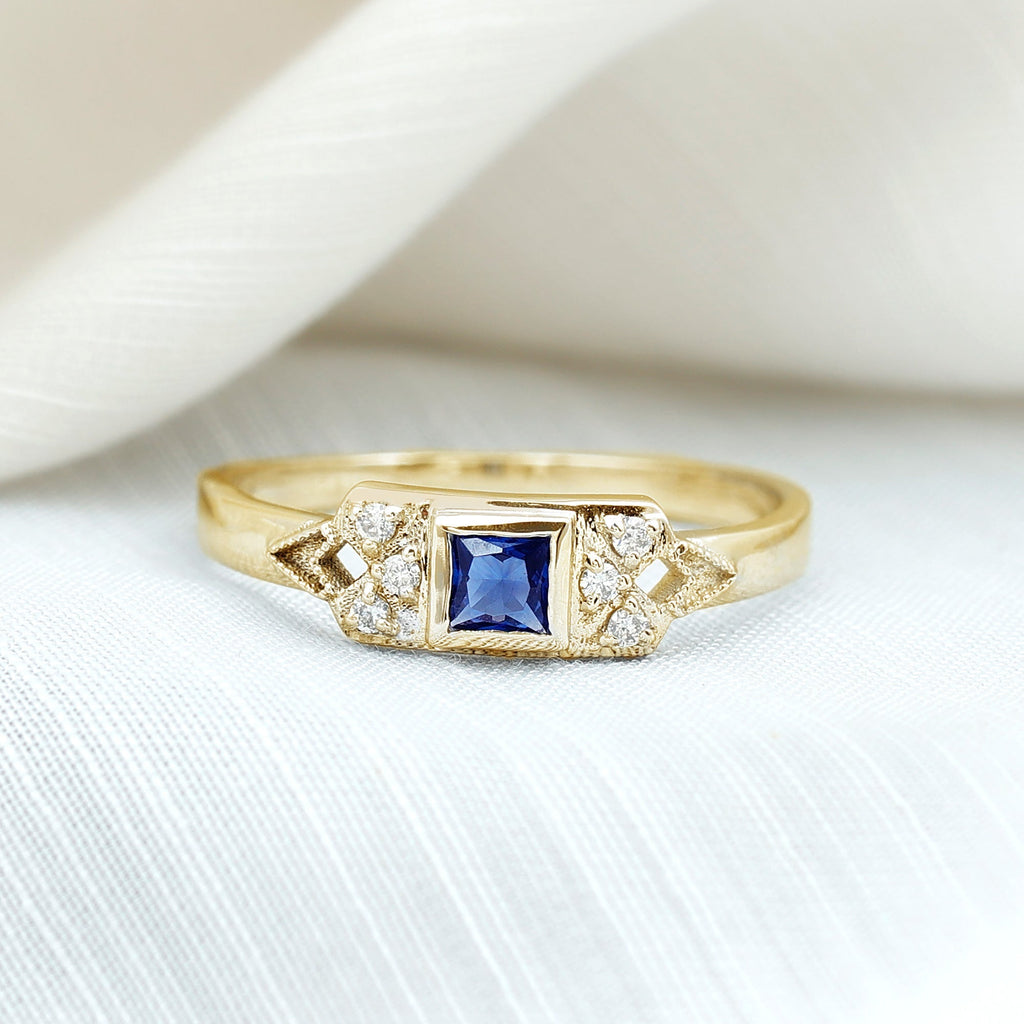 Lab Grown Blue Sapphire Ring, Art Deco Princess Cut Ring