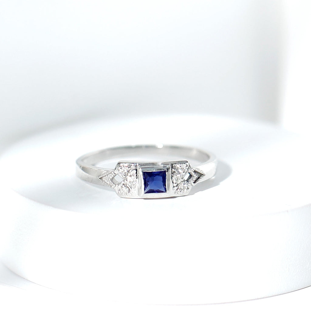 Lab Grown Blue Sapphire Ring, Art Deco Princess Cut Ring