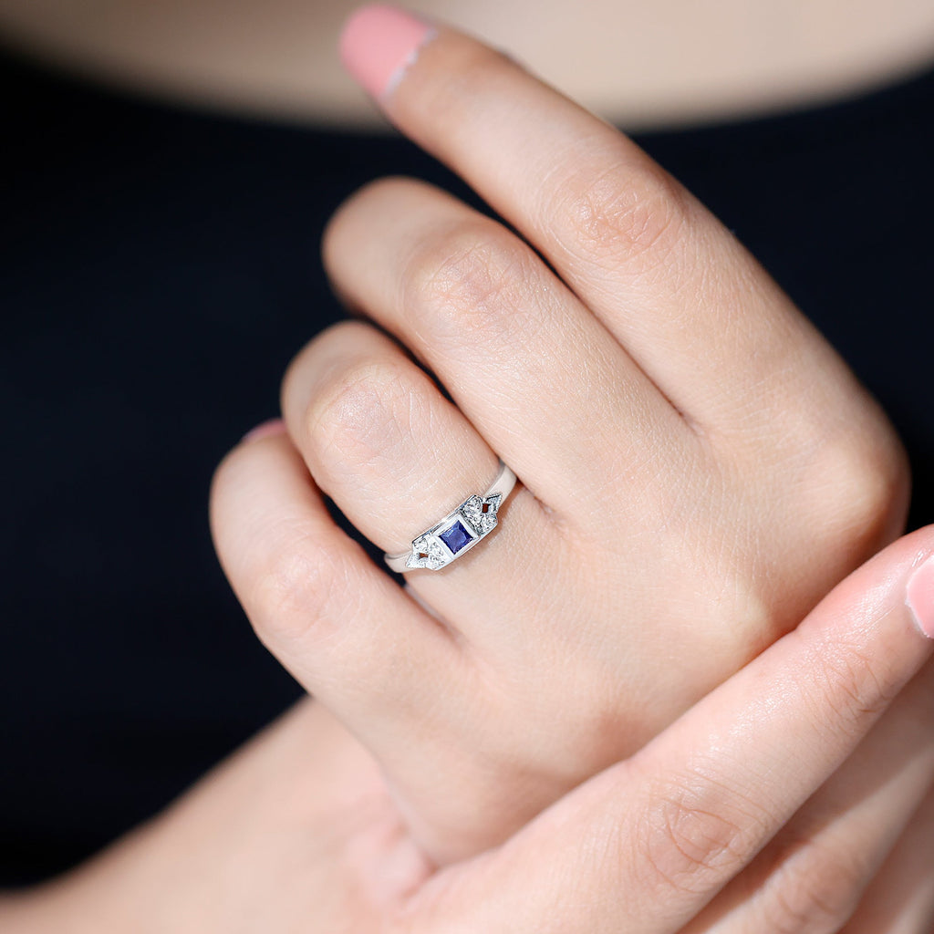Lab Grown Blue Sapphire Ring, Art Deco Princess Cut Ring