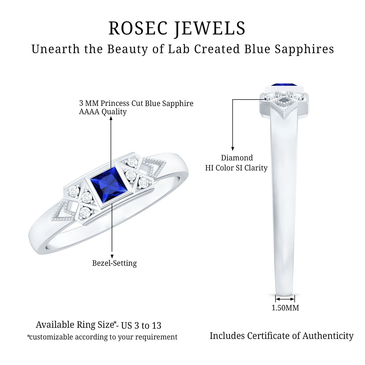 Lab Grown Blue Sapphire Ring, Art Deco Princess Cut Ring
