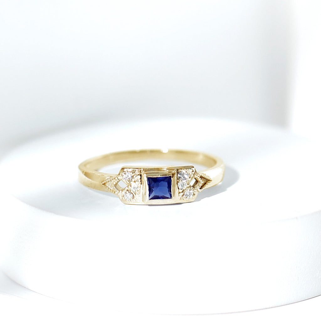 Lab Grown Blue Sapphire Ring, Art Deco Princess Cut Ring