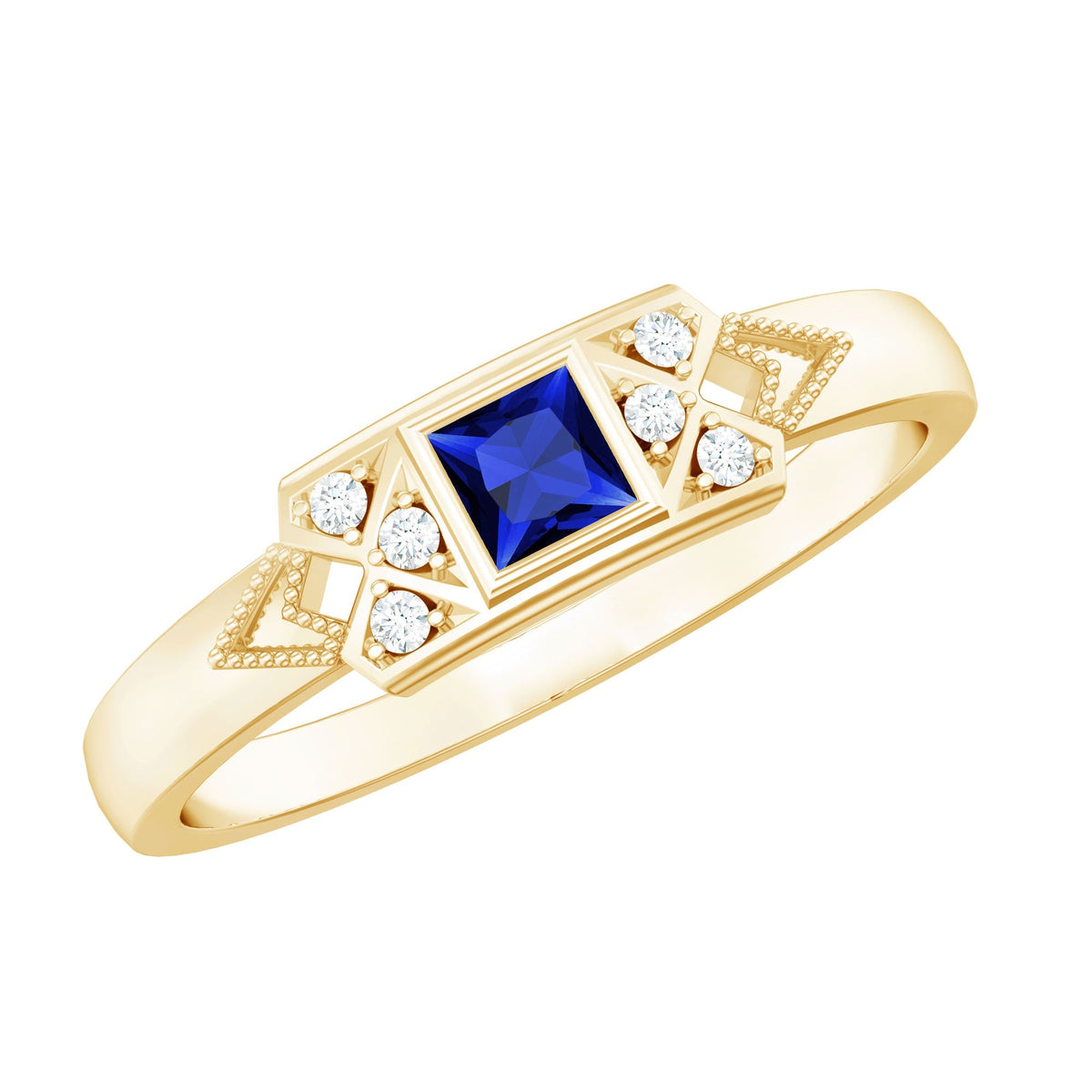 Lab Grown Blue Sapphire Ring, Art Deco Princess Cut Ring