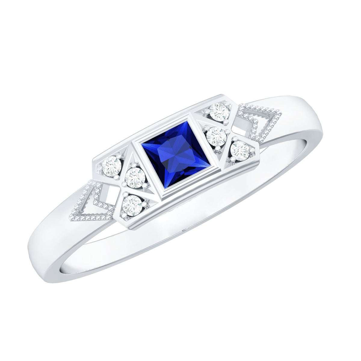 Lab Grown Blue Sapphire Ring, Art Deco Princess Cut Ring