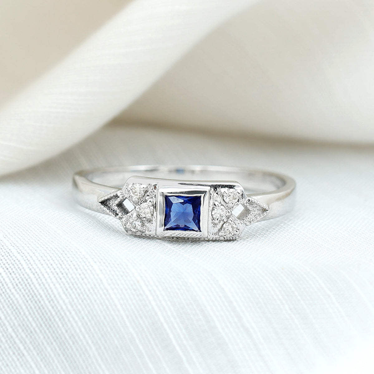 Lab Grown Blue Sapphire Ring, Art Deco Princess Cut Ring