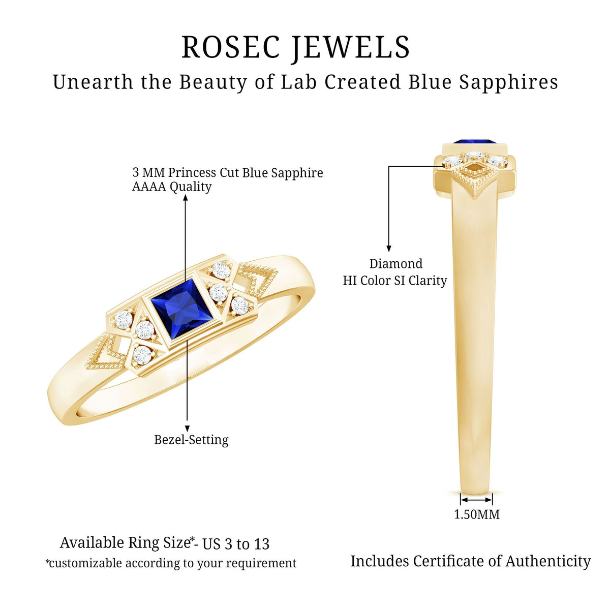 Lab Grown Blue Sapphire Ring, Art Deco Princess Cut Ring