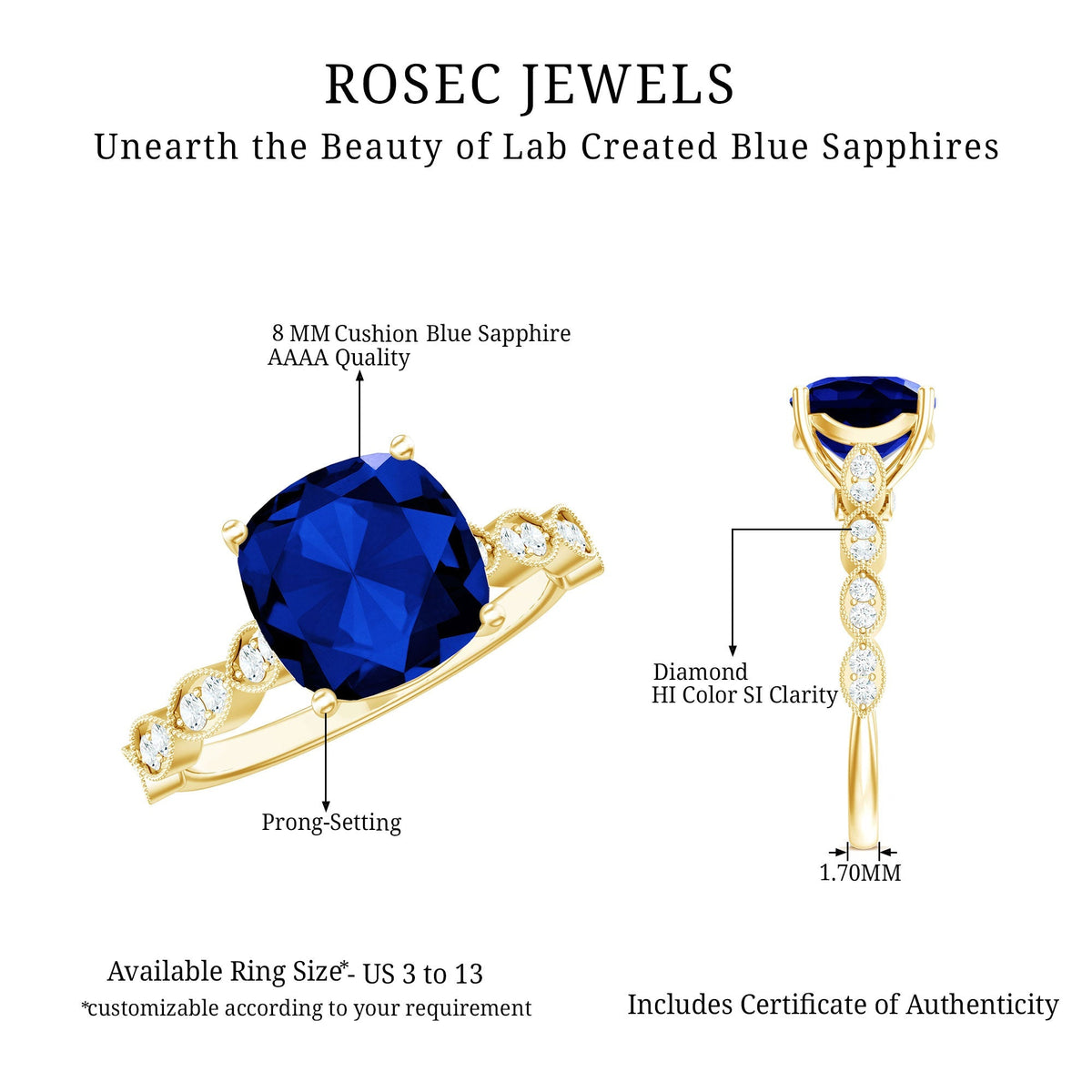 Lab Grown Blue Sapphire Ring, Cushion Cut Diamond Engagement Ring
