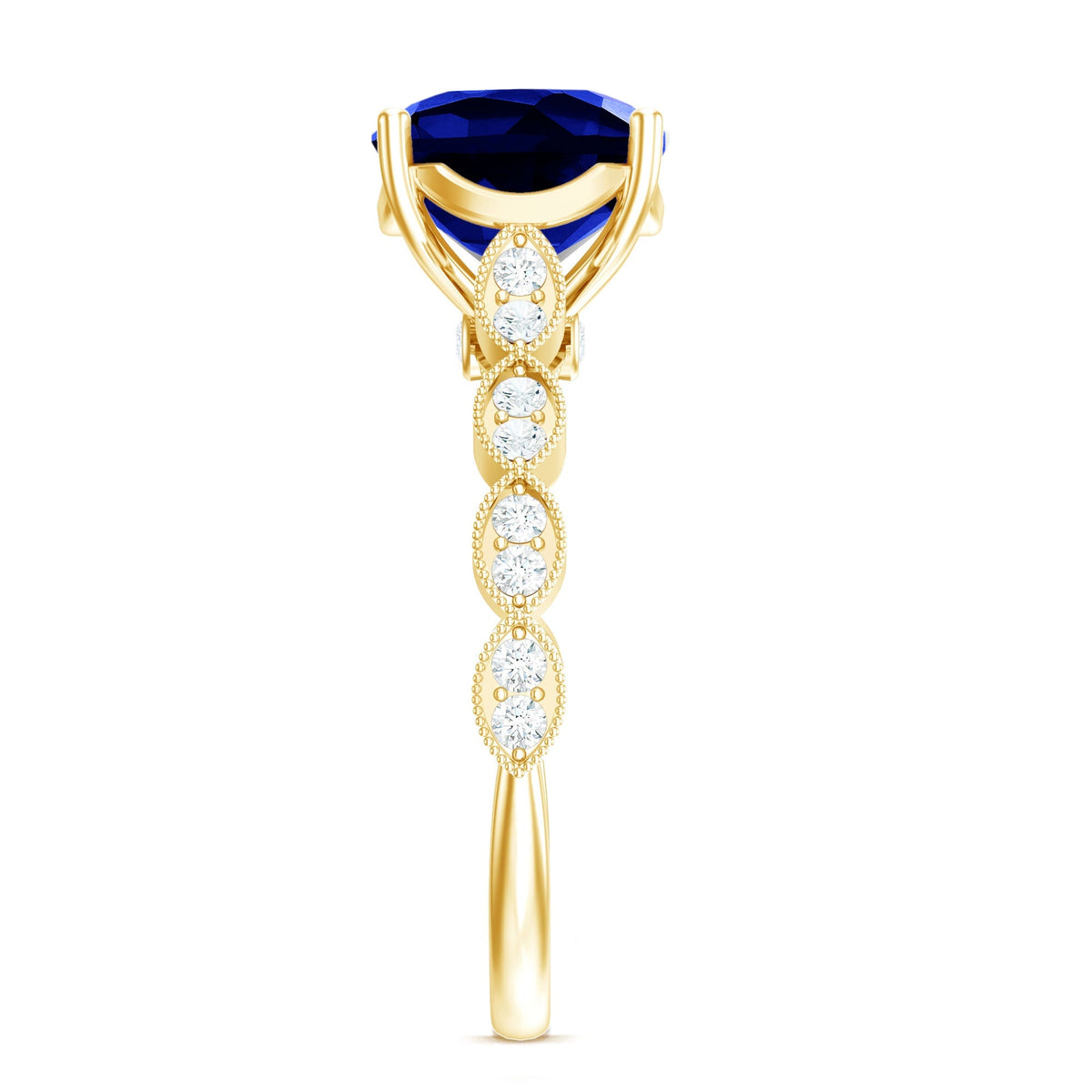 Lab Grown Blue Sapphire Ring, Cushion Cut Diamond Engagement Ring