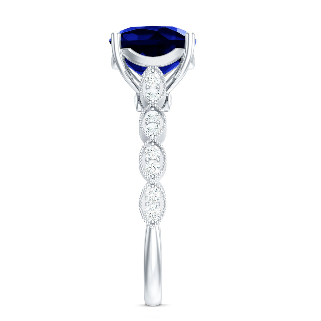 Lab Grown Blue Sapphire Ring, Cushion Cut Diamond Engagement Ring