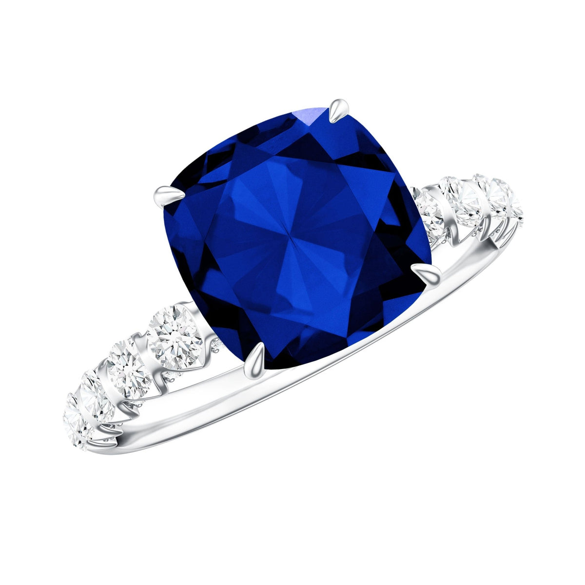 Lab Grown Blue Sapphire Ring, Cushion Cut Diamond Engagement Ring
