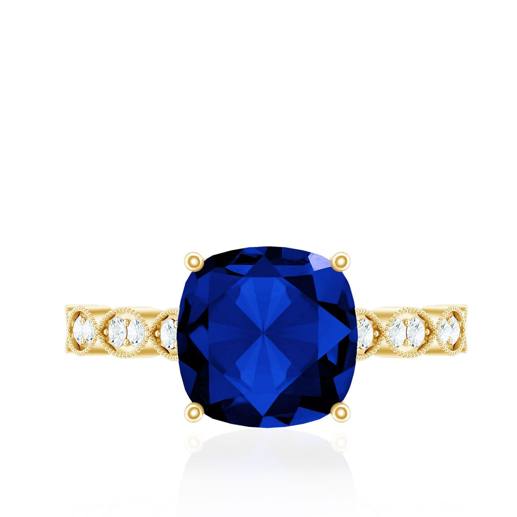 Lab Grown Blue Sapphire Ring, Cushion Cut Diamond Engagement Ring