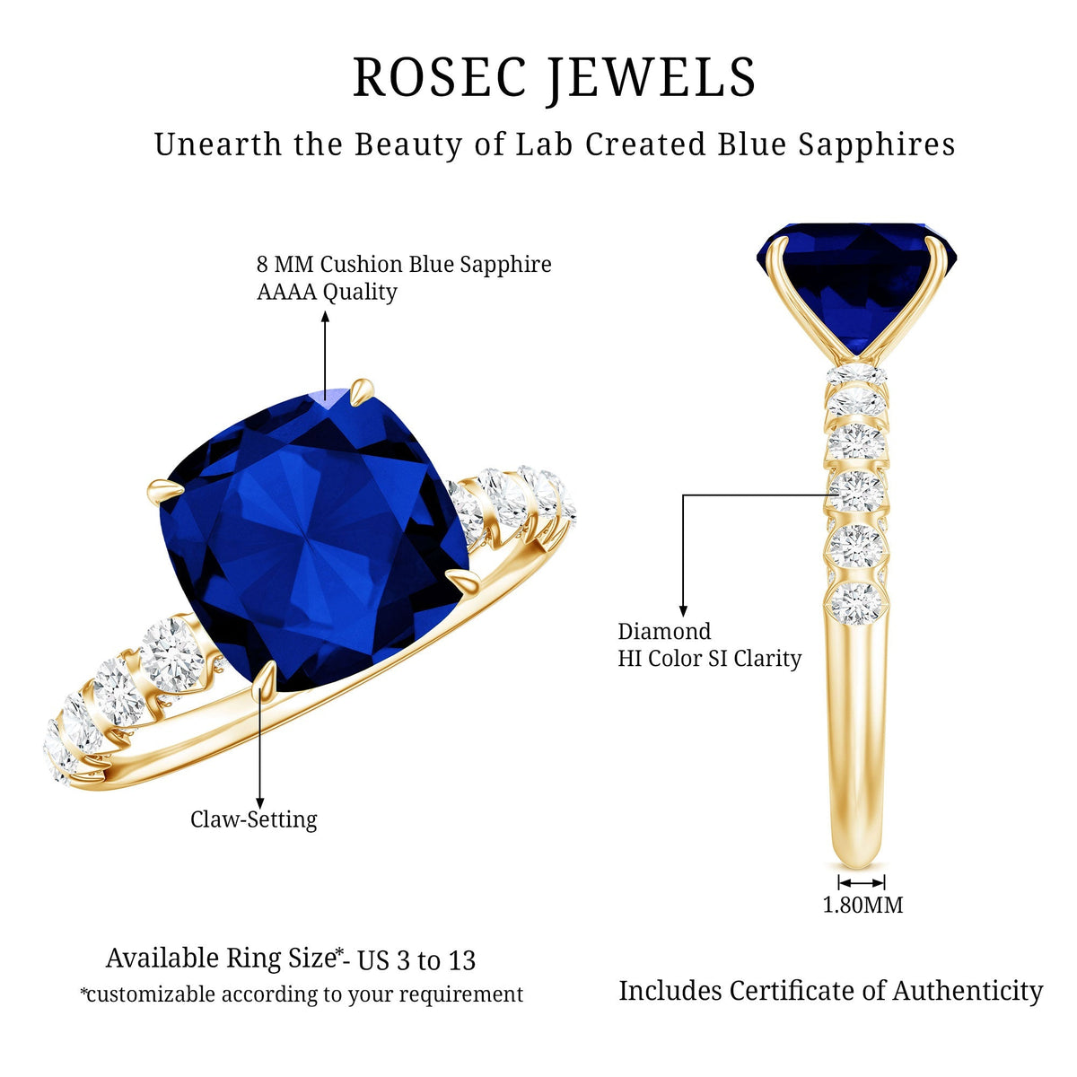 Lab Grown Blue Sapphire Ring, Cushion Cut Diamond Engagement Ring