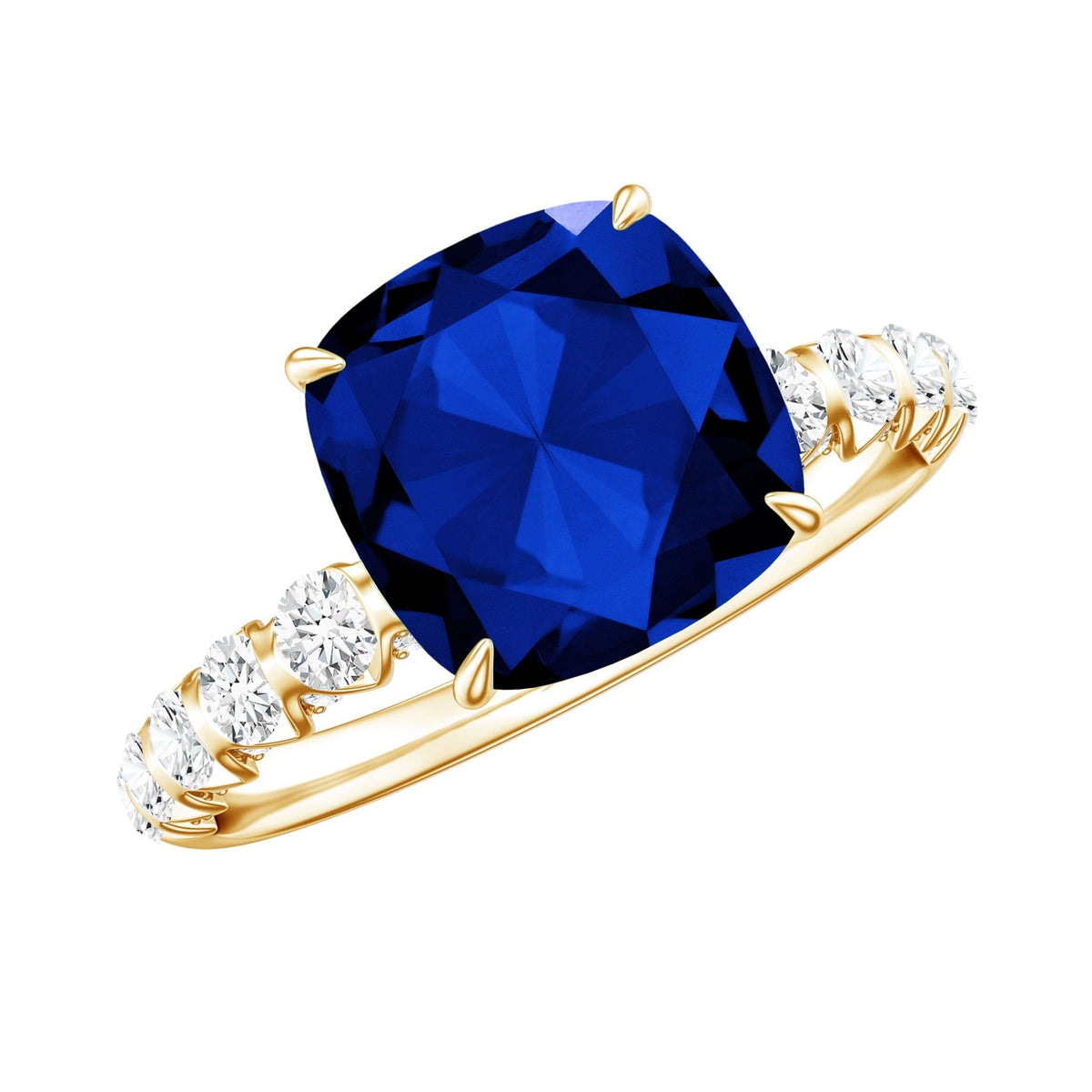 Lab Grown Blue Sapphire Ring, Cushion Cut Diamond Engagement Ring