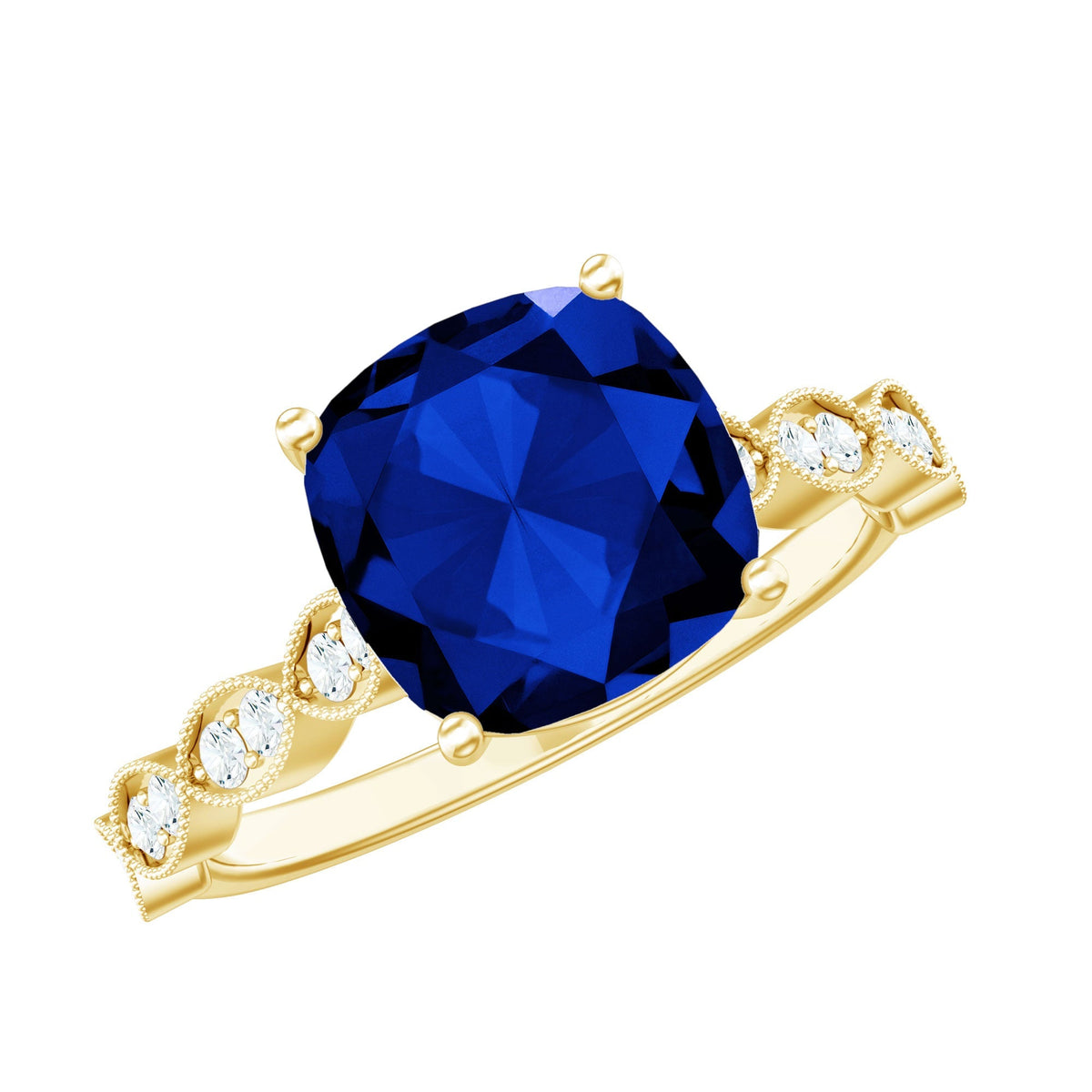 Lab Grown Blue Sapphire Ring, Cushion Cut Diamond Engagement Ring