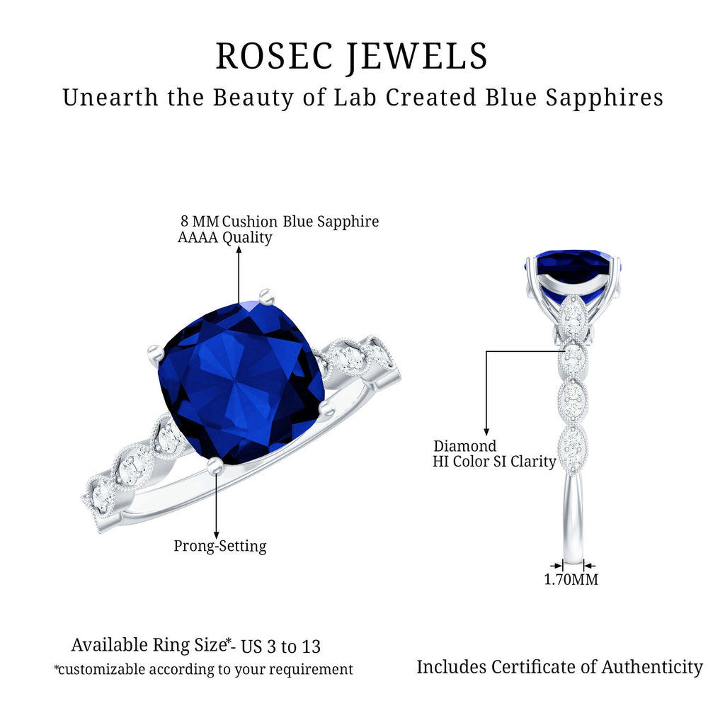 Lab Grown Blue Sapphire Ring, Cushion Cut Diamond Engagement Ring