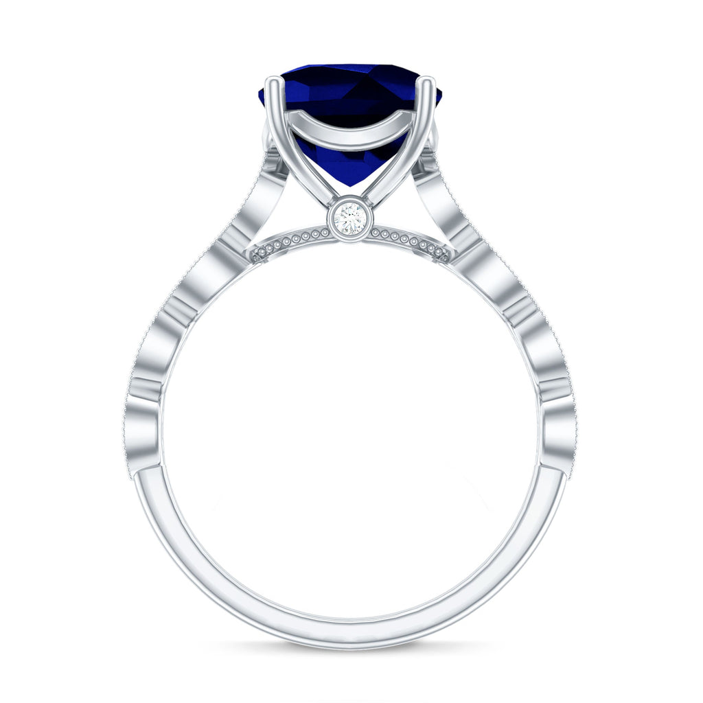 Lab Grown Blue Sapphire Ring, Cushion Cut Diamond Engagement Ring