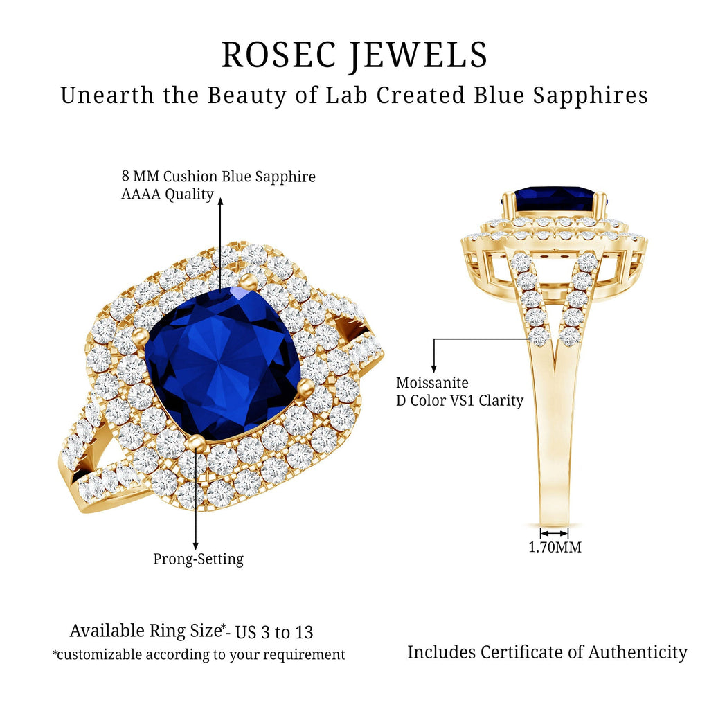 Lab Grown Blue Sapphire Ring Cushion Cut Double Halo Band
