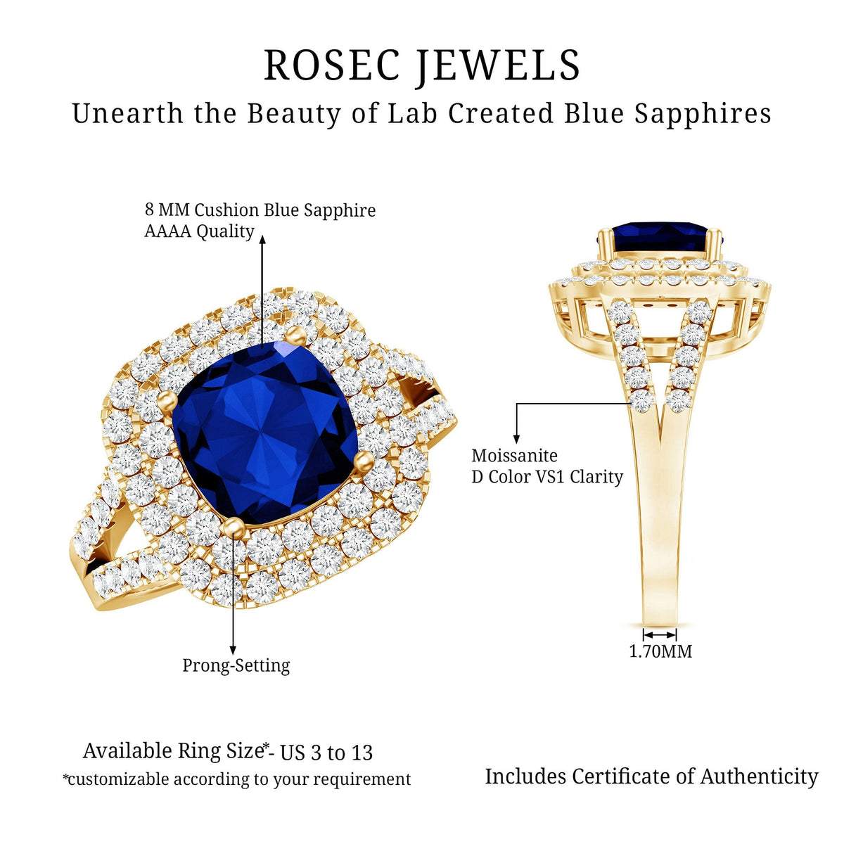 Lab Grown Blue Sapphire Ring Cushion Cut Double Halo Band