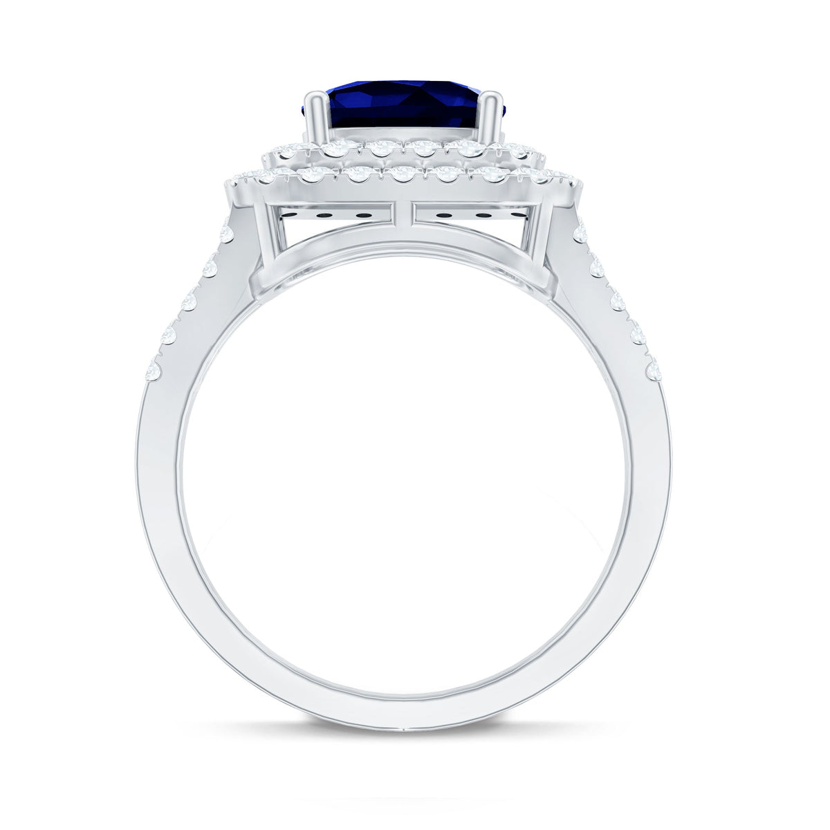 Lab Grown Blue Sapphire Ring Cushion Cut Double Halo Band