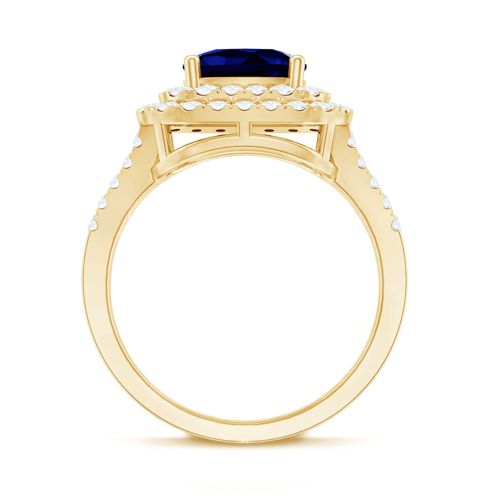 Lab Grown Blue Sapphire Ring Cushion Cut Double Halo Band