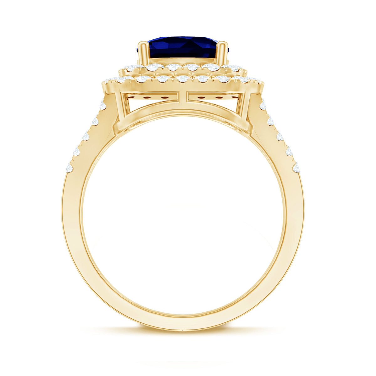 Lab Grown Blue Sapphire Ring Cushion Cut Double Halo Band