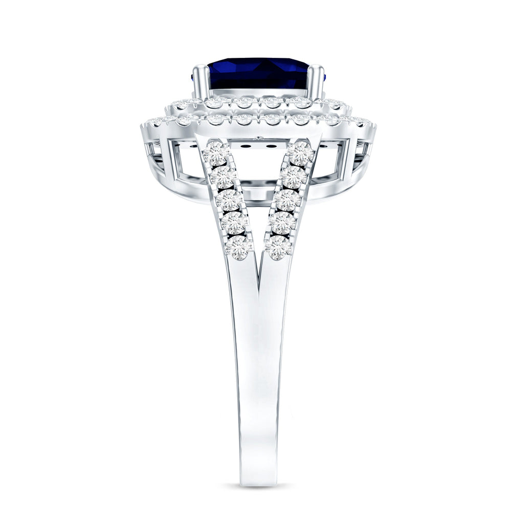 Lab Grown Blue Sapphire Ring Cushion Cut Double Halo Band