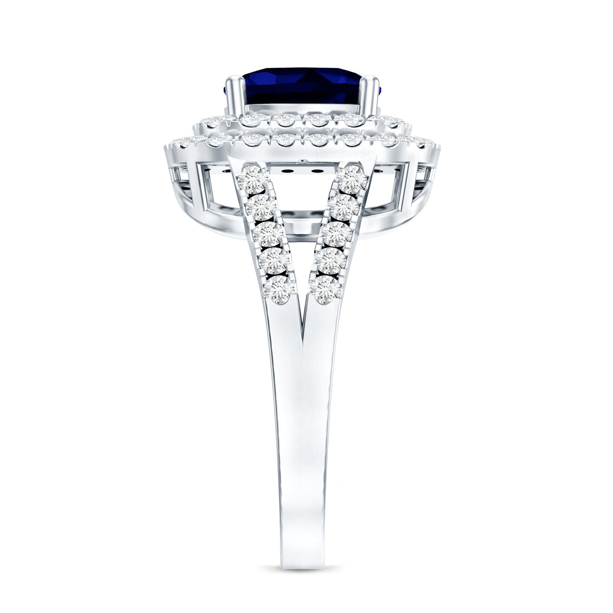 Lab Grown Blue Sapphire Ring Cushion Cut Double Halo Band