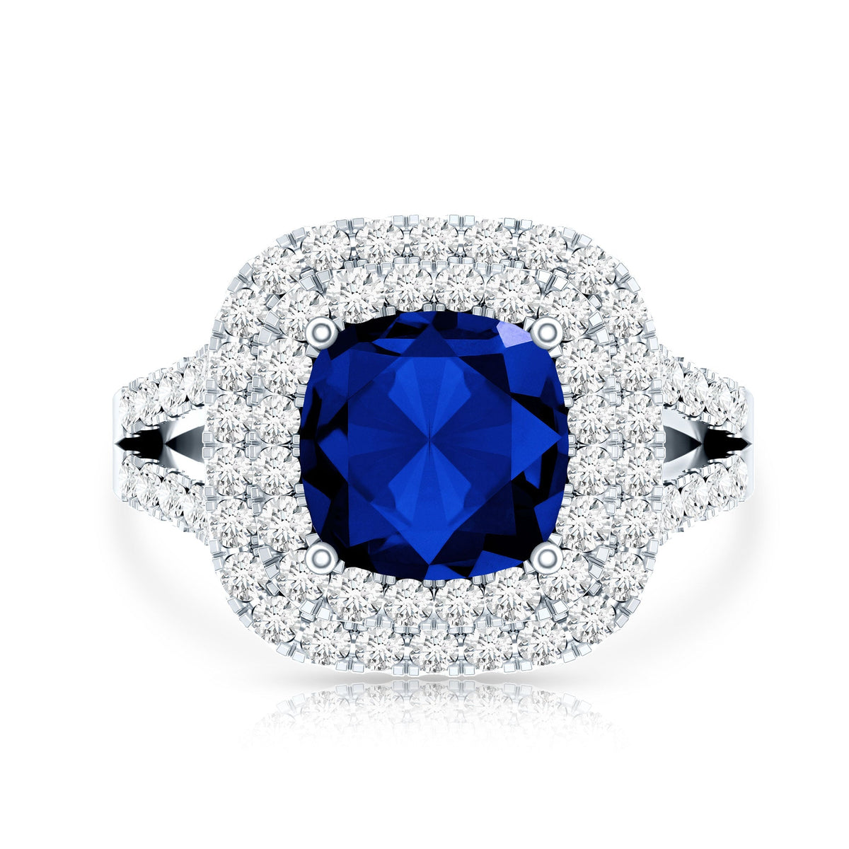 Lab Grown Blue Sapphire Ring Cushion Cut Double Halo Band