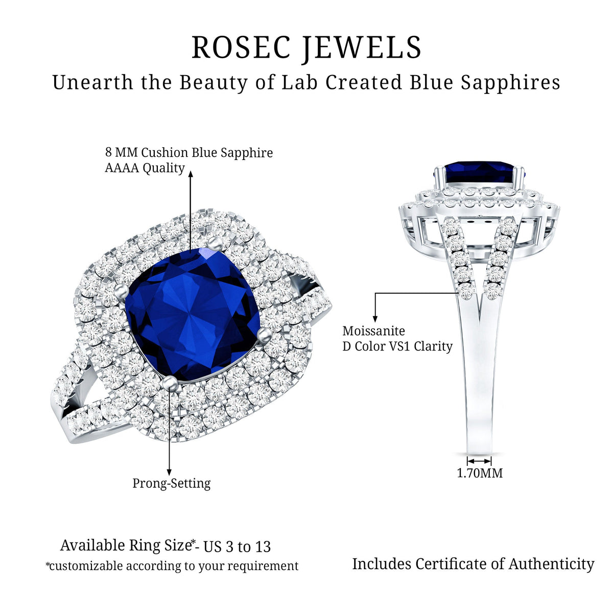 Lab Grown Blue Sapphire Ring Cushion Cut Double Halo Band