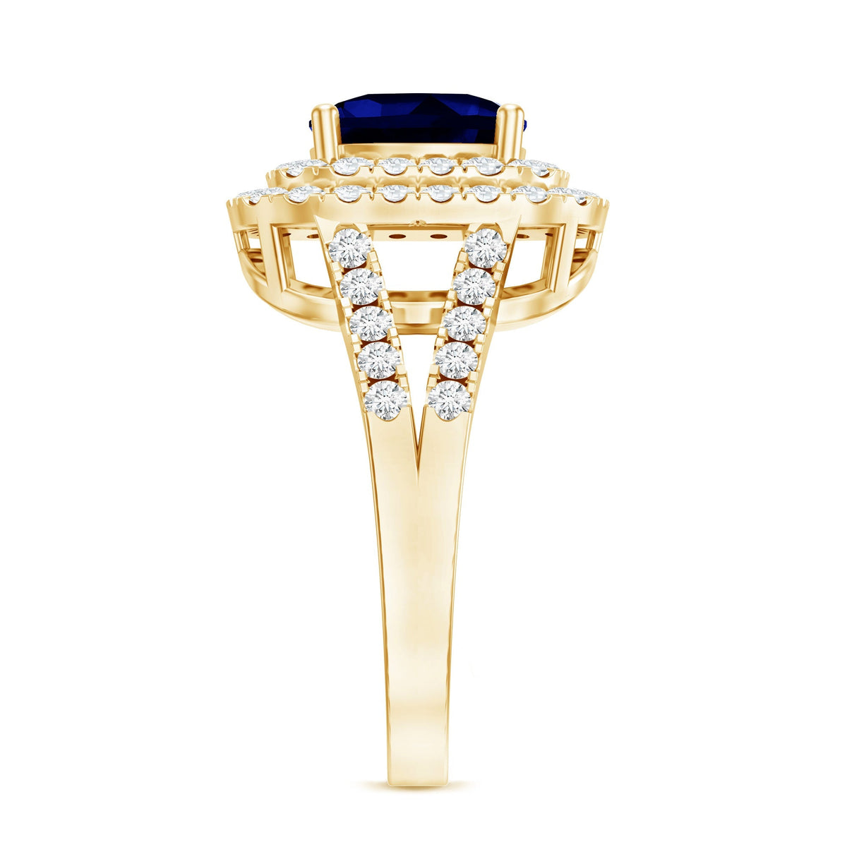 Lab Grown Blue Sapphire Ring Cushion Cut Double Halo Band