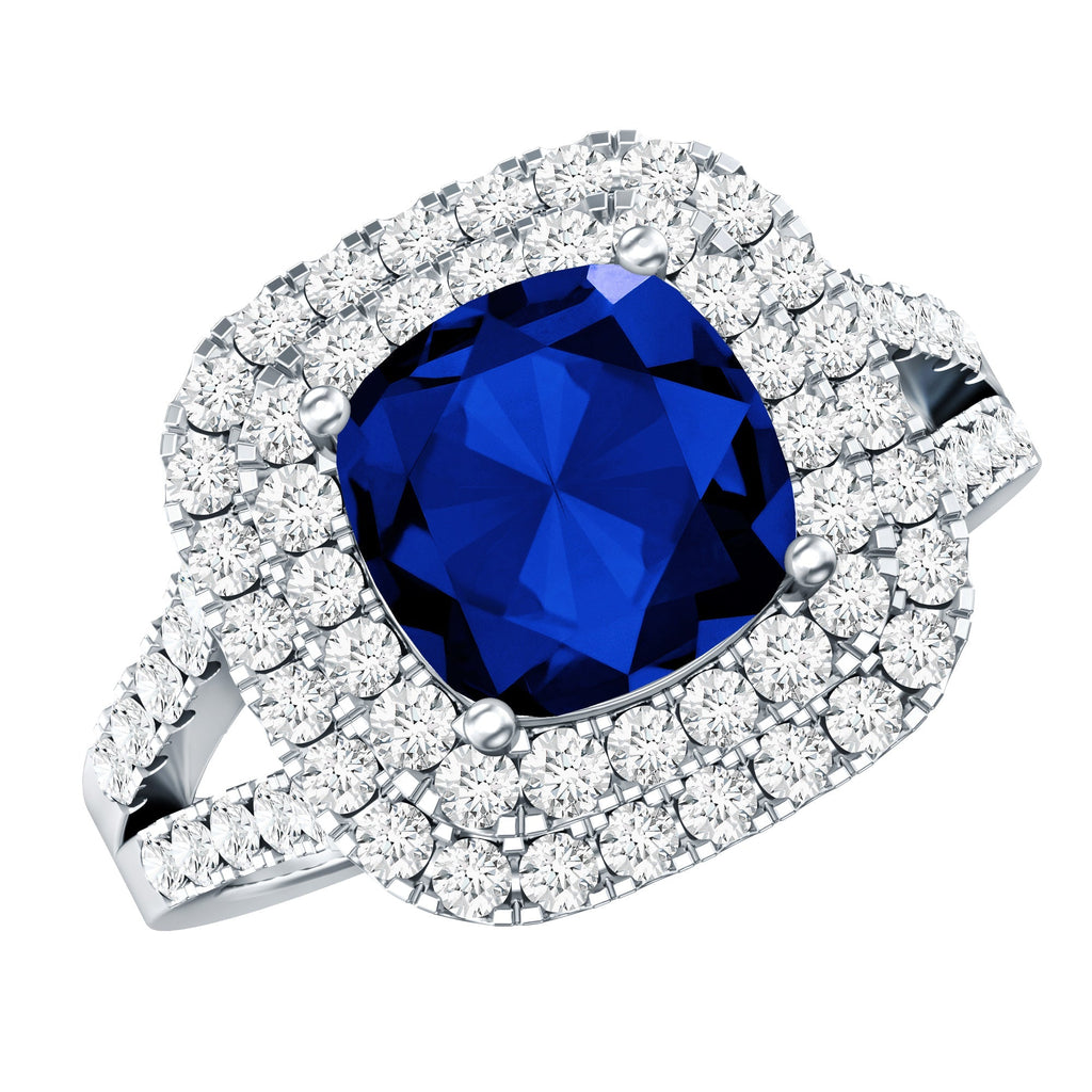 Lab Grown Blue Sapphire Ring Cushion Cut Double Halo Band