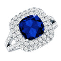 Lab Grown Blue Sapphire Ring Cushion Cut Double Halo Band