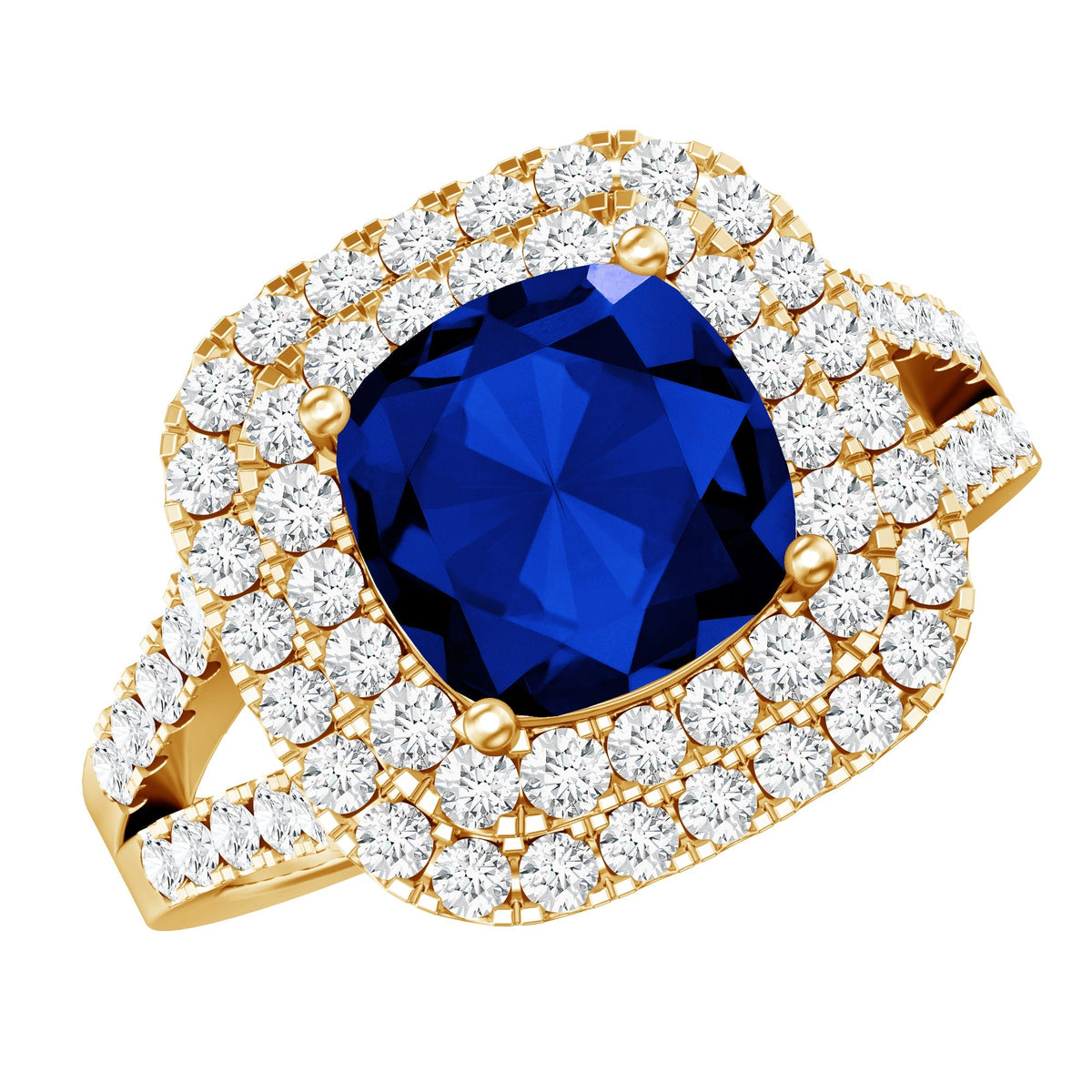 Lab Grown Blue Sapphire Ring Cushion Cut Double Halo Band