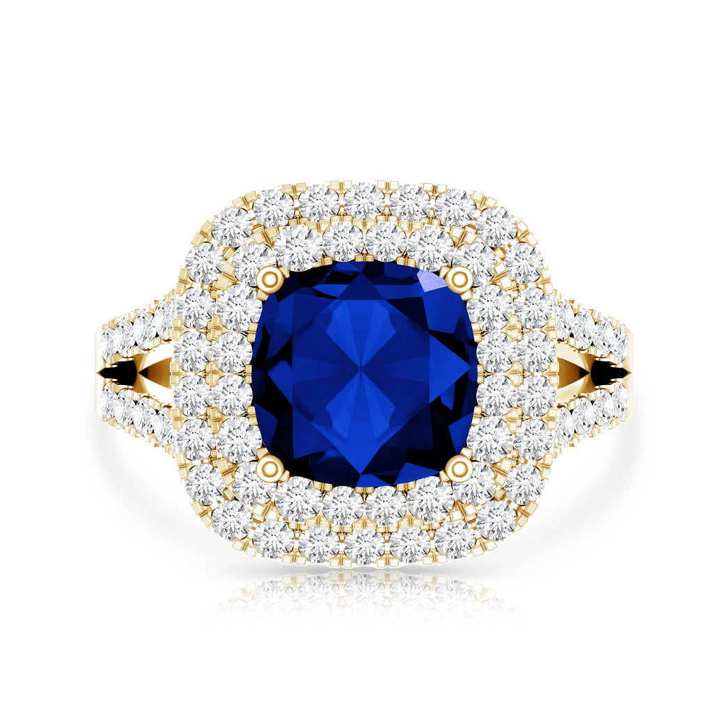 Lab Grown Blue Sapphire Ring Cushion Cut Double Halo Band