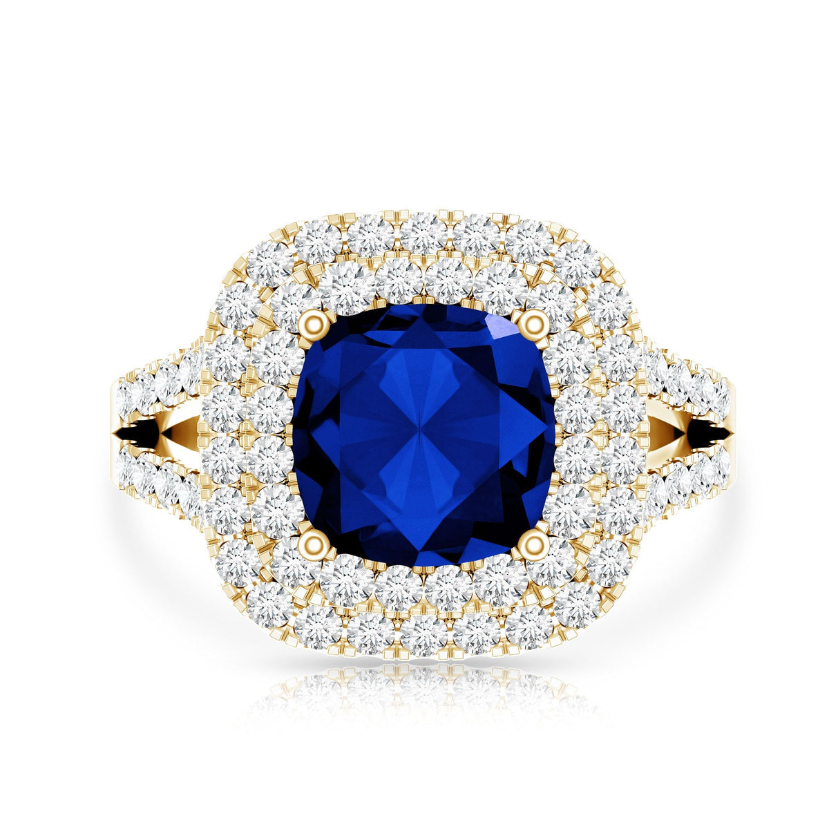 Lab Grown Blue Sapphire Ring Cushion Cut Double Halo Band