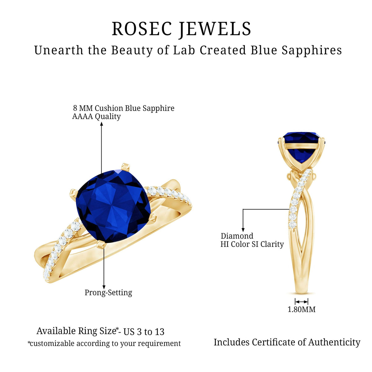 Lab Grown Blue Sapphire Ring, Cushion Cut Engagement Ring