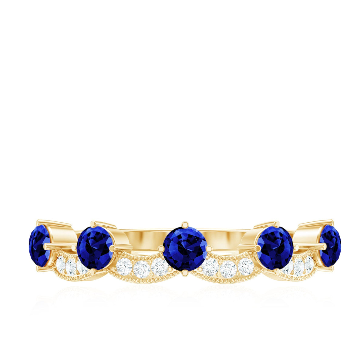 Lab Grown Blue Sapphire Ring, Diamond Beaded Half Eternity Band
