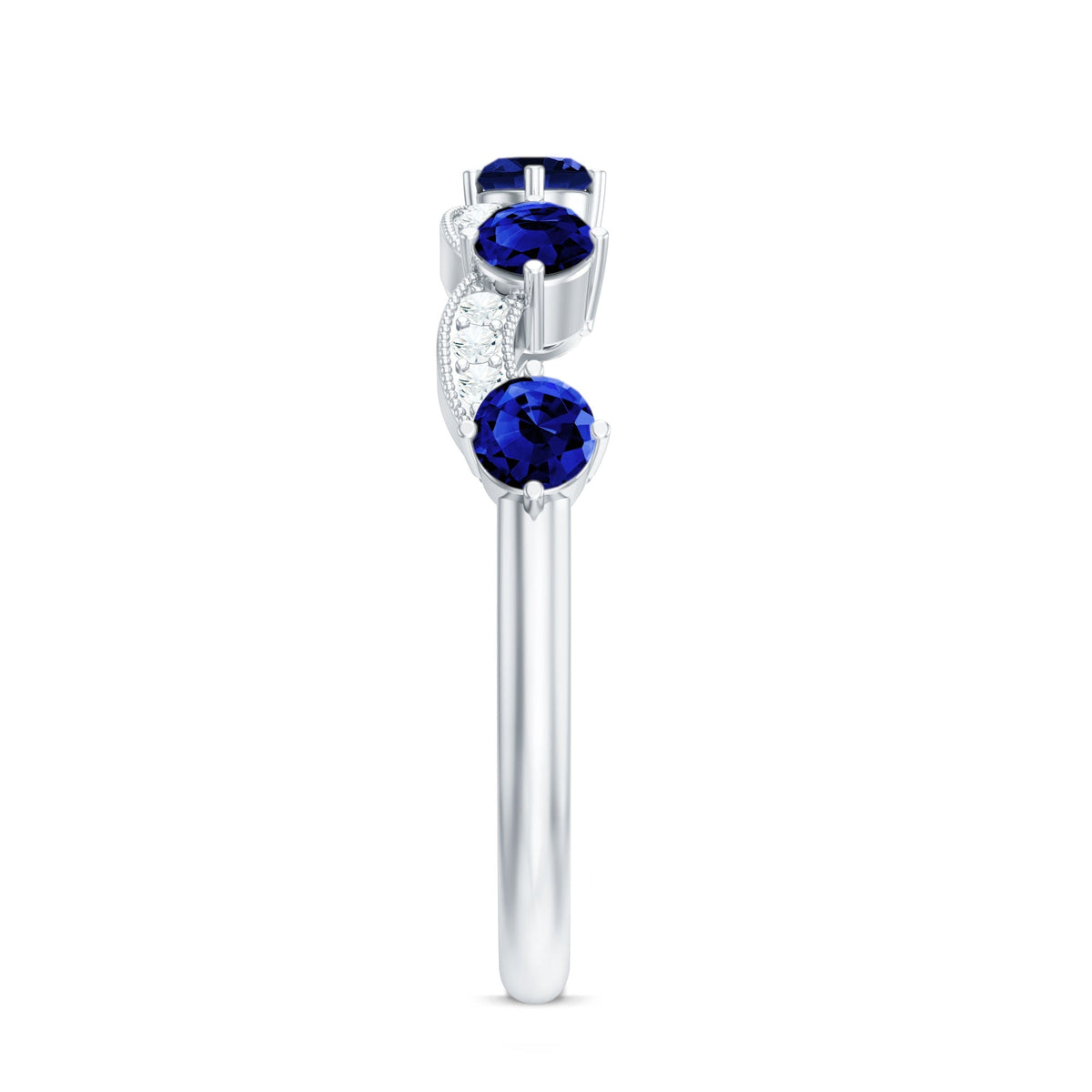 Lab Grown Blue Sapphire Ring, Diamond Beaded Half Eternity Band