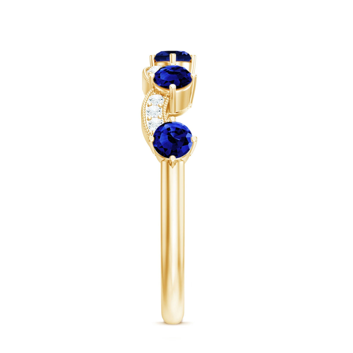 Lab Grown Blue Sapphire Ring, Diamond Beaded Half Eternity Band