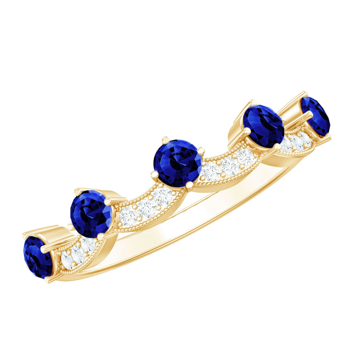 Lab Grown Blue Sapphire Ring, Diamond Beaded Half Eternity Band