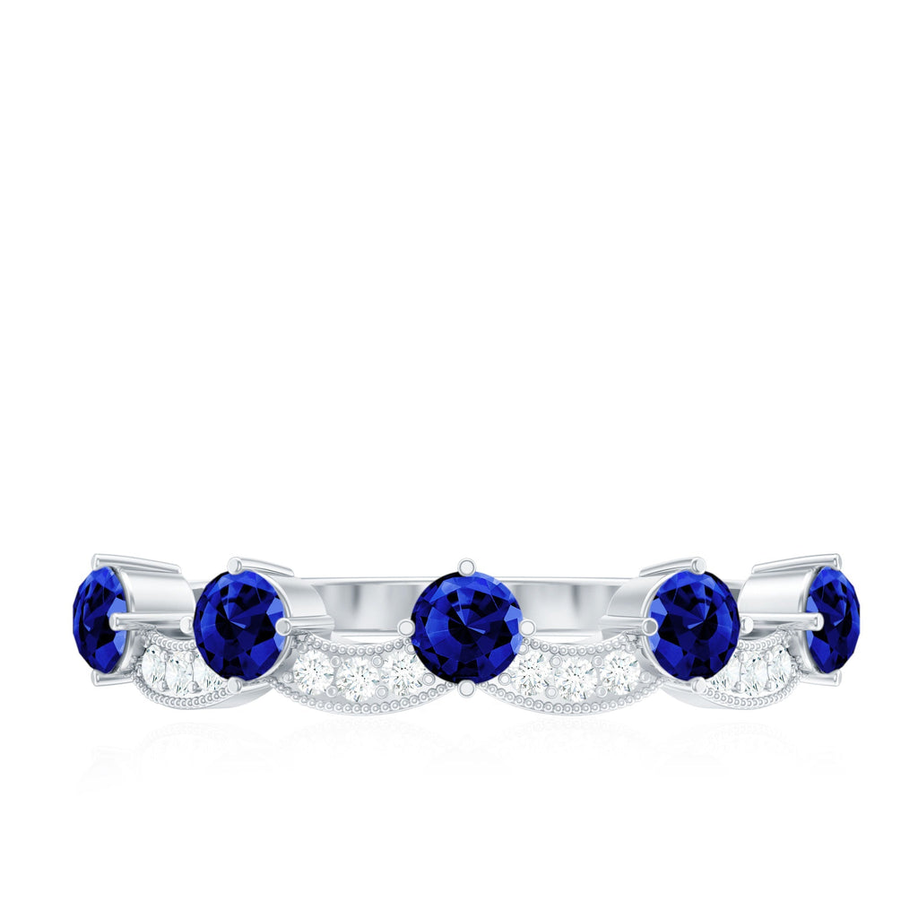 Lab Grown Blue Sapphire Ring, Diamond Beaded Half Eternity Band