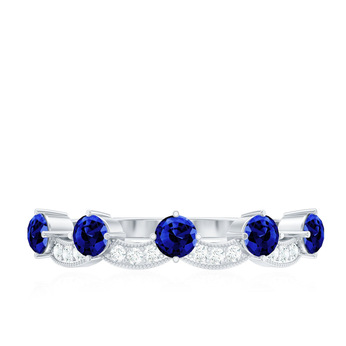 Lab Grown Blue Sapphire Ring, Diamond Beaded Half Eternity Band