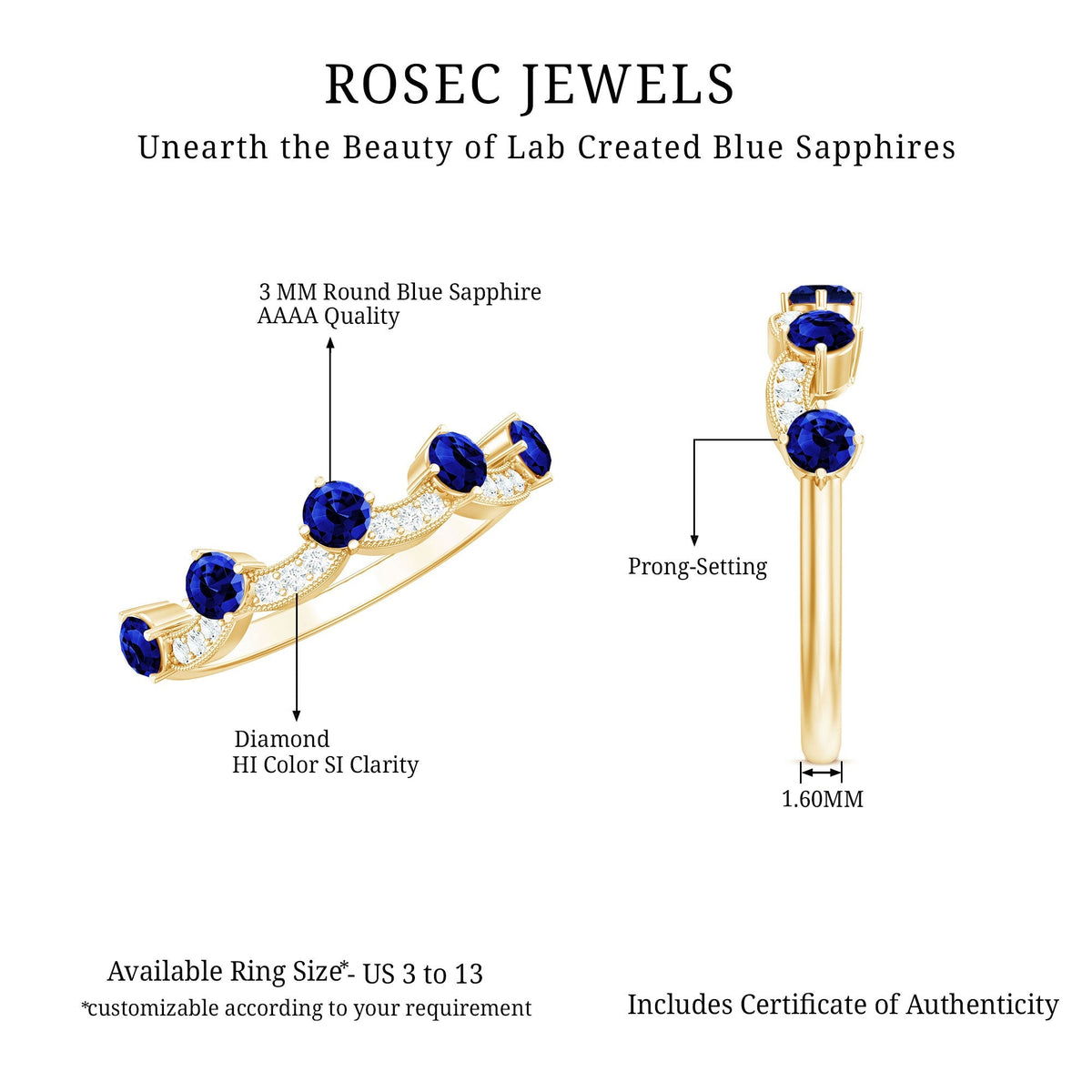 Lab Grown Blue Sapphire Ring, Diamond Beaded Half Eternity Band