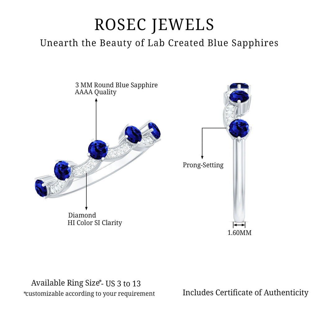 Lab Grown Blue Sapphire Ring, Diamond Beaded Half Eternity Band