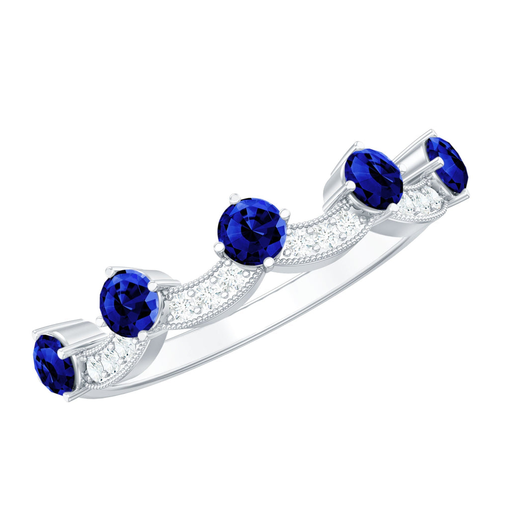 Lab Grown Blue Sapphire Ring, Diamond Beaded Half Eternity Band