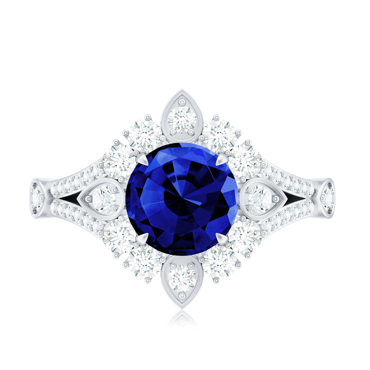 Lab Grown Blue Sapphire Ring, Diamond Flower Engagement Ring